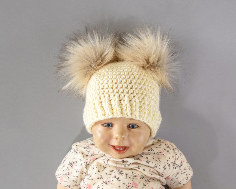 Crochet double pom hat, Fur pom pom beanie, Gender neutral baby hat, Winter hat, Preemie Toddler Child Adult, Matching family beanies image 1