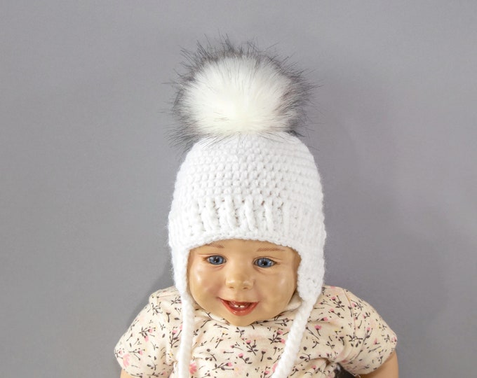 White baby hat, Fur pom pom hat, Baby pom hat, Crochet Hat, Earflap hat, Newborn hat, Baby winter hat, Preemie hat, Unisex hat, Toddler hat