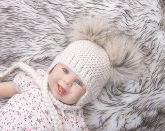 Beige Double pom hat, Newborn hat, Baby hat, Boy or girl, Crochet baby hat, Faux Fur pom pom, Baby earflap hat, Toddler hat, gender neutral