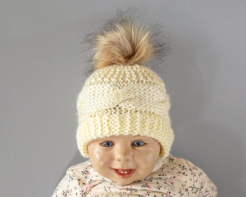 Cream hand knitted hat with faux fur pom pom, Teen-adult hat, Baby hat, Toddler hat, Winter hat, Gender neutral hat, Newborn hat, Unisex hat image 2