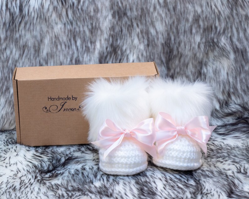 White Baby Girl Booties Pink Bow Booties White Fur Booties Etsy