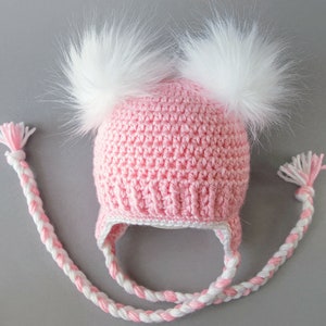 Pink and white double pom pom earflap hat, Preemie girl hat, Newborn girl hat, Baby girl hat, Crochet Winter hat, Toddler girl hat, Kids hat image 2