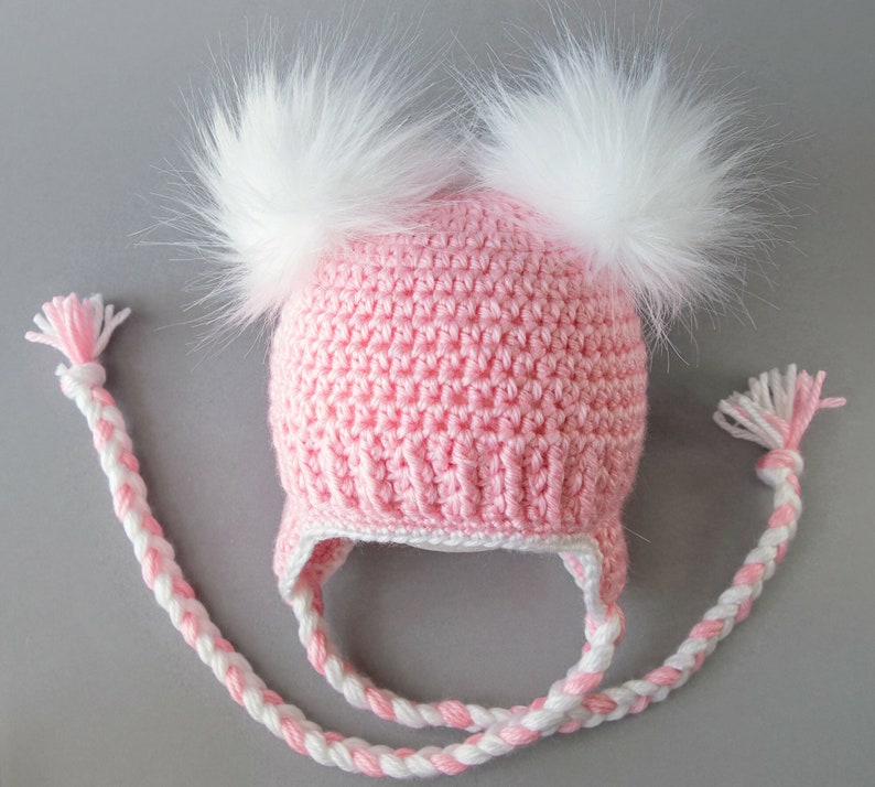 Pink and white double pom pom earflap hat, Preemie girl hat, Newborn girl hat, Baby girl hat, Crochet Winter hat, Toddler girl hat, Kids hat image 2