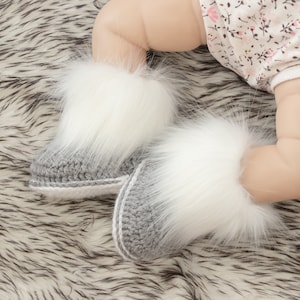 Gray baby booties, Faux Fur Booties, Baby boy booties, Baby winter boots, Crochet Booties, Newborn booties, Preemie booties, Baby boy gift image 1