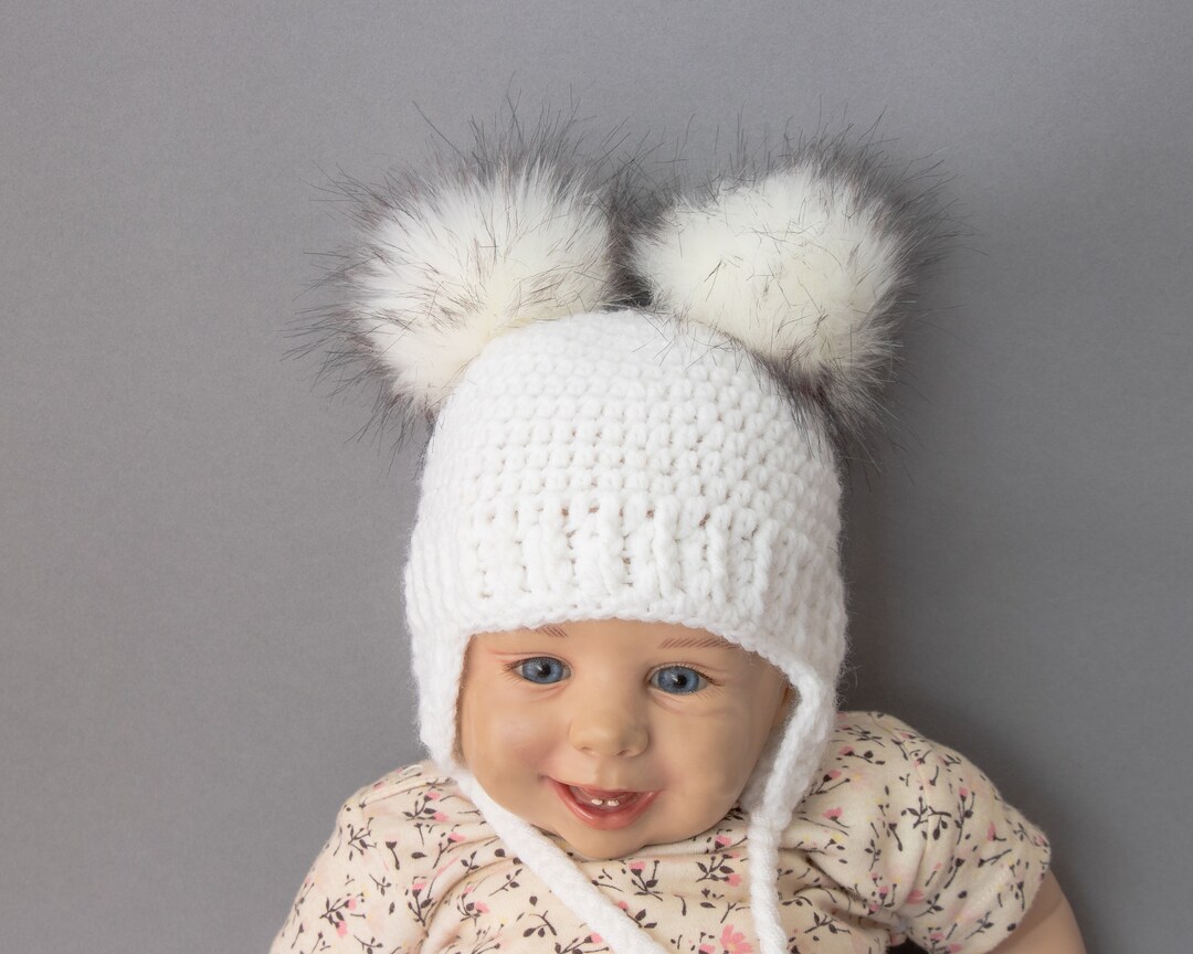 White Double Pom Pom Earflap Hat, Newborn Hat, Baby Winter Hat, Baby Fur Pom Pom Hat, Crochet