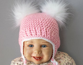 Pink and white double pom pom earflap hat, Preemie girl hat, Newborn girl hat, Baby girl hat, Crochet Winter hat, Toddler girl hat, Kids hat