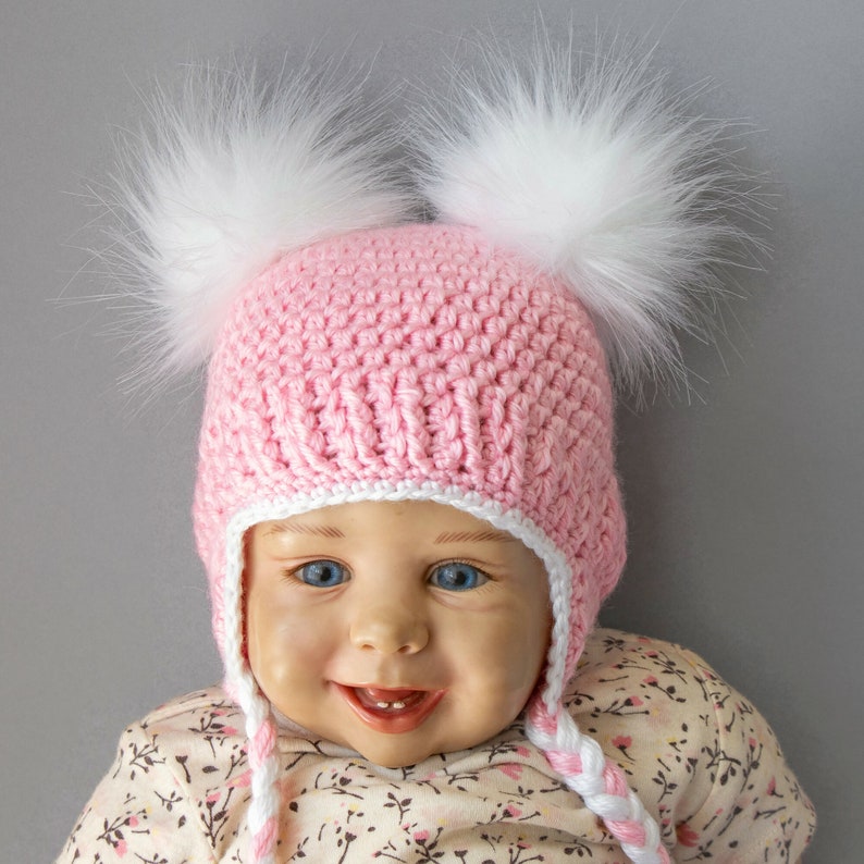 Pink and white double pom pom earflap hat, Preemie girl hat, Newborn girl hat, Baby girl hat, Crochet Winter hat, Toddler girl hat, Kids hat image 1