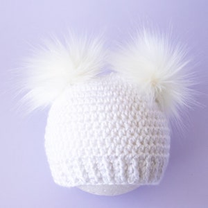 White hat and bootie set, Double pom pom hat, Faux fur booties, Unisex baby gift, Gender neutral baby winter outfit, Sizes up to 24 months image 5