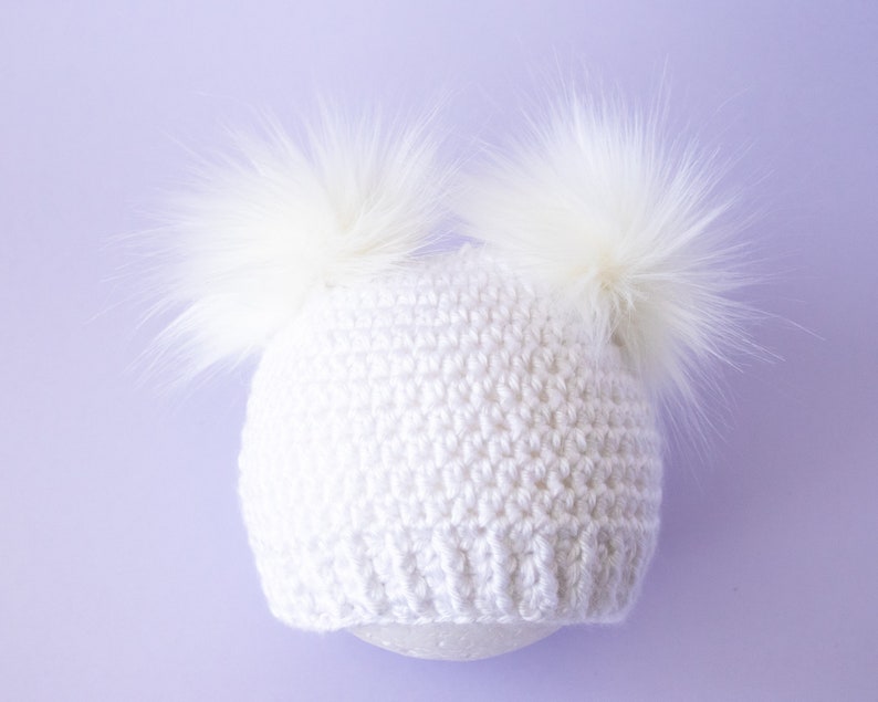 White hat and bootie set, Double pom pom hat, Faux fur booties, Unisex baby gift, Gender neutral baby winter outfit, Sizes up to 24 months image 5