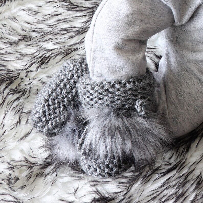 Baby Booties With Pom Poms Gray Booties Knitted Booties Etsy