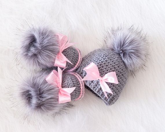 Baby Girl Pom Pom Hat And Fur Booties With Bows Gray And Pink Etsy