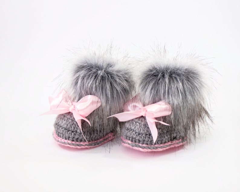 Gray and pink baby girl pom pom hat and fur booties with bows, Newborn Girl gift, Baby girl booties, Baby girl hat, Preemie girl outfit image 6