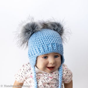 Baby boy Double pom hat and booties, Handmade Baby boy outfit, Newborn winter outfit, Fur booties, Double pom pom hat image 8