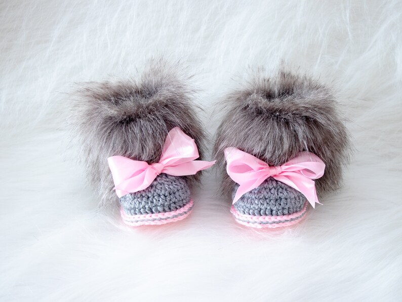 Faux Fur Baby Girl Booties With Bows Gray and Pink Newborn Etsy