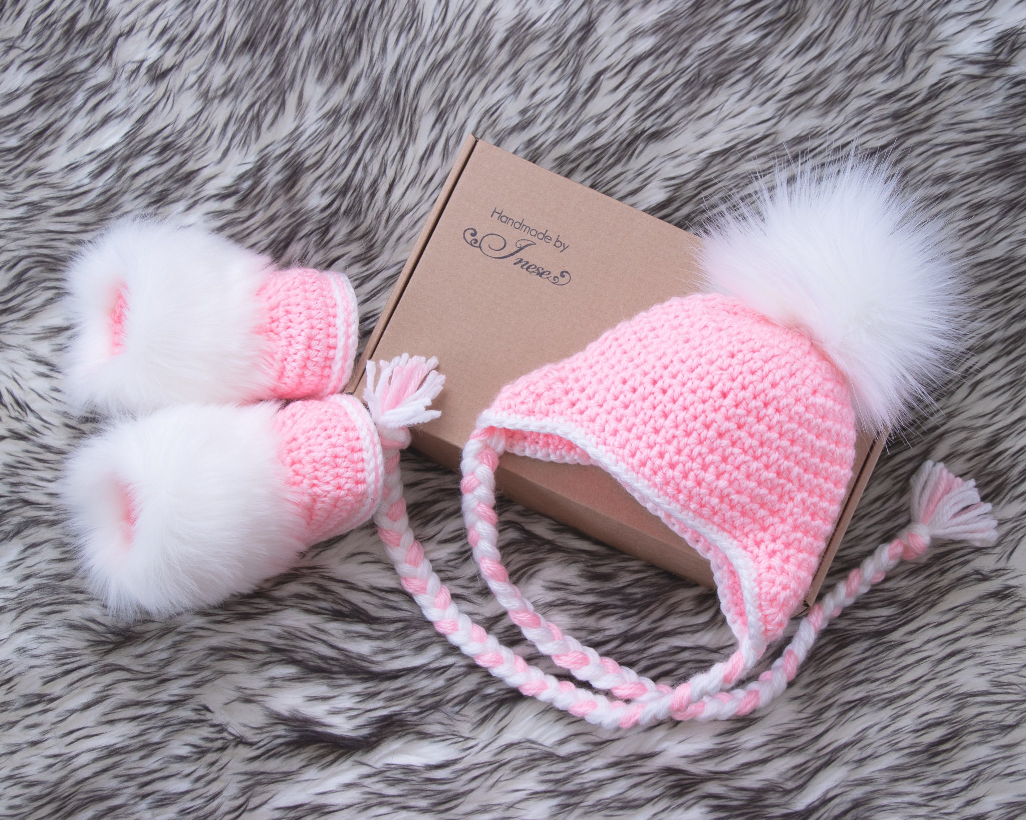 Crochet Pink Baby Girl Fur Pom Pom Hat And Booties Set Baby Girl Announcement Newborn Girl Winter Clothes Fur Booties Baby Girl Gift