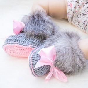 Gray and pink fur booties, Newborn girl shoes, Preemie girl shoes, Crochet slippers, Baby girl gift, Baby girl shoes, Baby girl boots, Uggs image 3