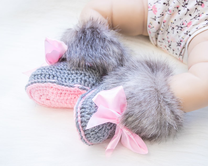 Gray and pink fur booties, Newborn girl shoes, Preemie girl shoes, Crochet slippers, Baby girl gift, Baby girl shoes, Baby girl boots, Uggs image 3