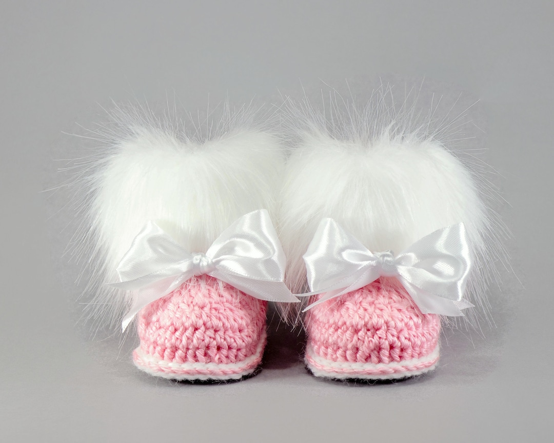 Pink Baby Bow Booties, Crochet Baby Booties, Fur Booties, Baby Girl Winter Boots, Newborn Girl