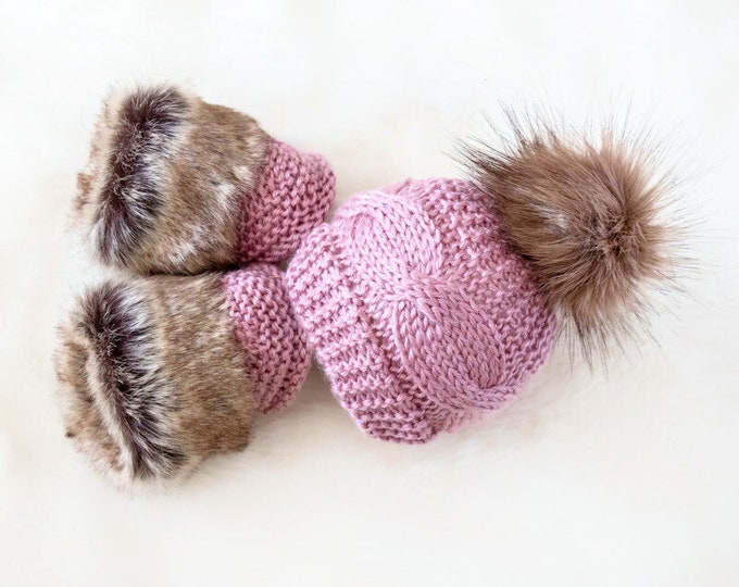 Hand knitted baby girl hat and faux fur booties, Baby winter clothes, Knit booties, Cable knit pom hat, Knit baby clothes, Preemie clothes