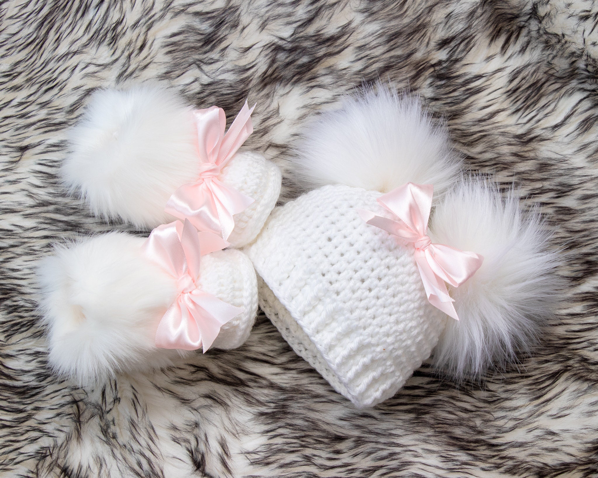 Double Pom Pom Crochet Hat Faux Fur Booties Baby Girl Shoes - Etsy