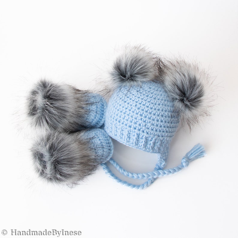 Baby boy Double pom hat and booties, Handmade Baby boy outfit, Newborn winter outfit, Fur booties, Double pom pom hat image 1