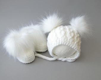 White hand knitted Double pom pom baby hat, Faux Fur booties, Baby bonnet and booties, Baby gift, Infant shoes, Infant hat, Preemie outfit