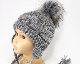 Stone gray hand knitted pom pom hat, Cable knit hat, Earflap Hat, Kids hat, Baby winter hat, Newborn hat, Unisex hat, Sizes preemie to adult