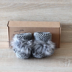 Baby Booties With Pom Poms Gray Booties Knitted Booties | Etsy