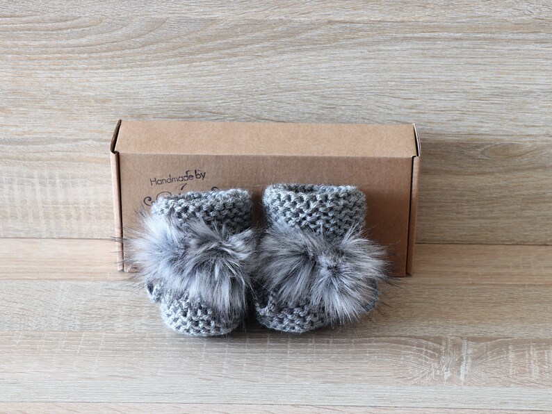 Baby Booties With Pom Poms Gray Booties Knitted Booties Etsy