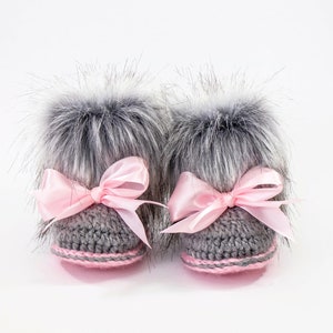 Gray and pink Baby girl double pom pom hat and bootie set, Newborn Girl gift, Baby girl winter clothes, Preemie girl clothes, Fur booties image 10