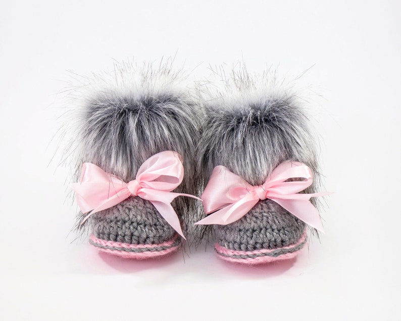 Gray and pink Baby girl double pom pom hat and bootie set, Newborn Girl gift, Baby girl winter clothes, Preemie girl clothes, Fur booties image 10