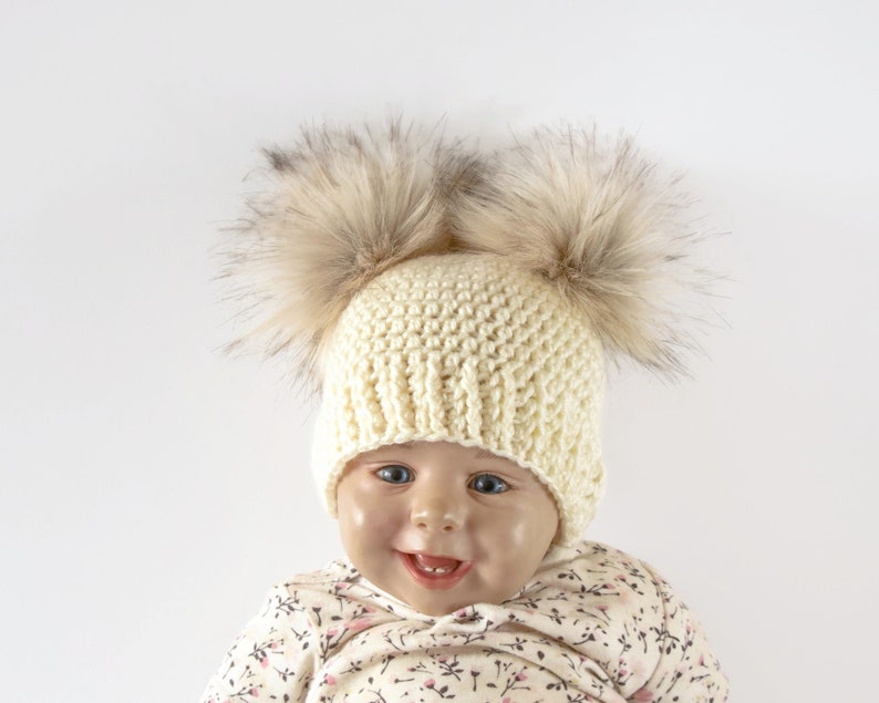 Crochet double pom hat, Fur pom pom beanie, Gender neutral baby hat, Winter hat, Preemie Toddler Child Adult, Matching family beanies image 3