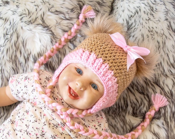 Double pom hat with bow, Ereflap hat,Newborn girl hat, Baby girl hat, girls hat, Crochet hat, Fur pom hat, Kids Winter hat, Toddler girl hat