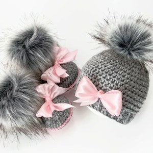 Gray and pink baby girl pom pom hat and fur booties with bows, Newborn Girl gift, Baby girl booties, Baby girl hat, Preemie girl outfit image 5