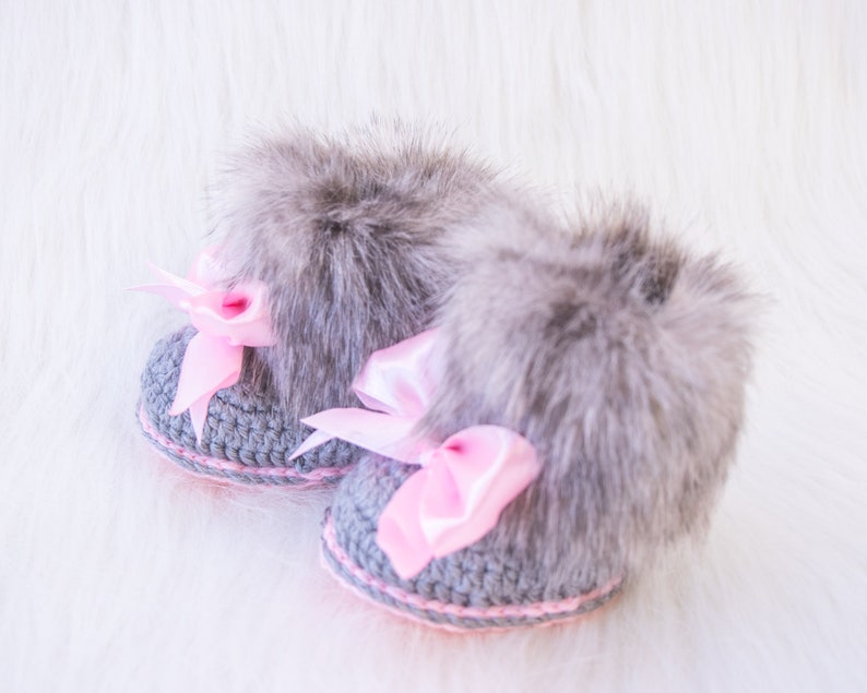 Gray and pink fur booties, Newborn girl shoes, Preemie girl shoes, Crochet slippers, Baby girl gift, Baby girl shoes, Baby girl boots, Uggs image 4