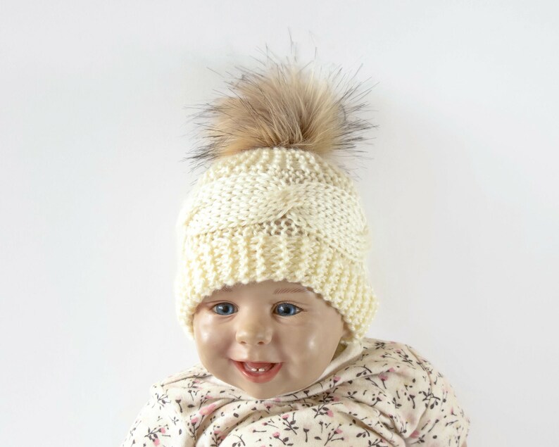 Cream hand knitted hat with faux fur pom pom, Teen-adult hat, Baby hat, Toddler hat, Winter hat, Gender neutral hat, Newborn hat, Unisex hat image 8