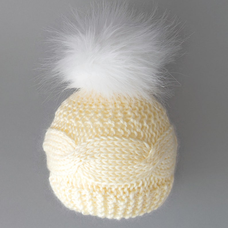 Cream hand knitted hat with faux fur pom pom, Teen-adult hat, Baby hat, Toddler hat, Winter hat, Gender neutral hat, Newborn hat, Unisex hat image 3