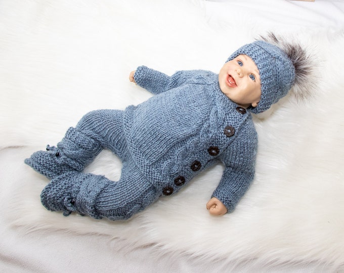 Baby Boy Outfit, Hand Knitted Denim Melange Newborn Baby Home Coming Outfit, Newborn Boy Outfit, Ready to ship 0-3 months outfit