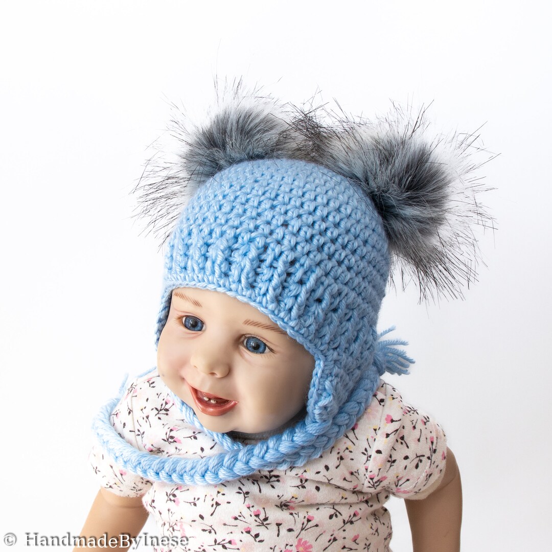 Blue Crochet Hat, Baby Boy Hat, Double Pom Pom Hat, Baby Hat, Newborn