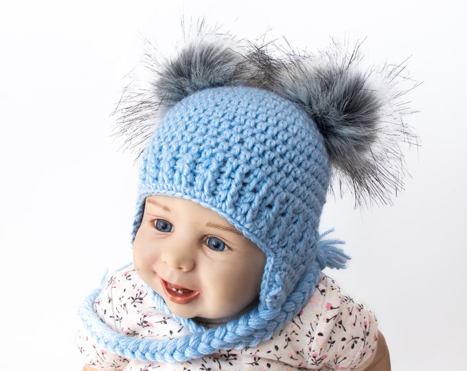 Blue crochet hat, Baby boy hat, Double Pom Pom Hat, Baby hat, Newborn boy hat, Toddler hat, Boys Winter hat, Baby boy gift, Preemie boy hat