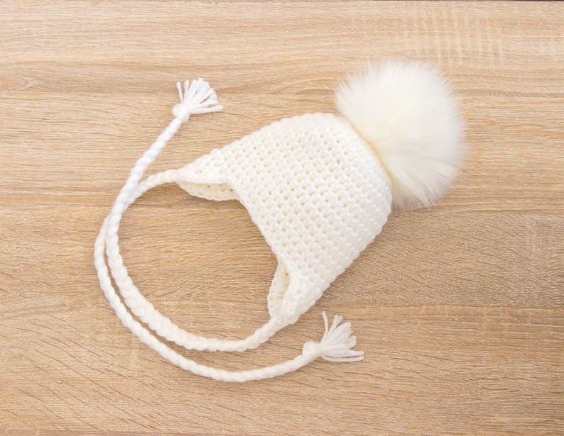 White Baby hat, Pom pom hat, Baby pom hat, Crochet fur Pom Pom Hat, Earflap hat, Gender neutral Newborn hat, Unisex baby hat, Boy girl hat image 3