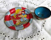 Ohio Art Toy Tin Plate Cup Child Lithograph tea set Dollhouse Tea Party 1950s Bryan Ohio Children 39 s Playtime girl doll cup dish Free Ship