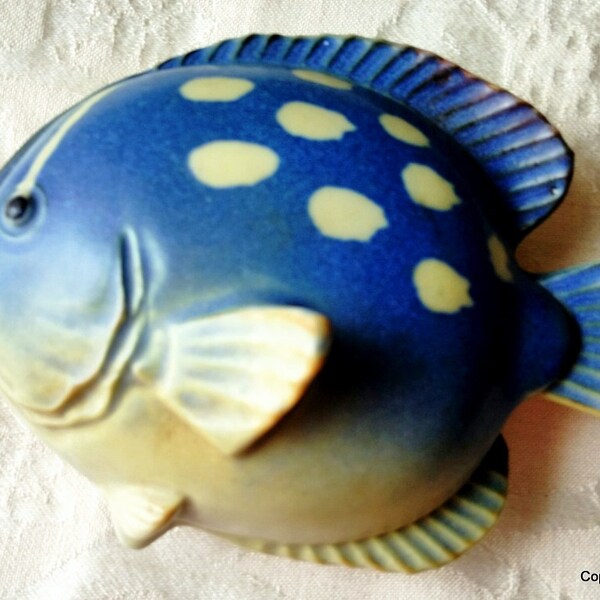 Blue Fish Ceramic Trinket Dish Jewelry box 3D white dots white inside Home decor Vanity box Nautical bathroom soap Herb container Kitsch art