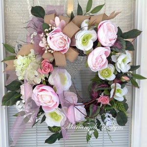 Large Pink Spring front door wreath, Mother's Day, Easter, wedding, cottage, shabby chic, breast cancer image 5