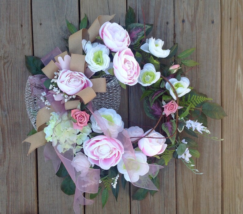 Large Pink Spring front door wreath, Mother's Day, Easter, wedding, cottage, shabby chic, breast cancer image 4