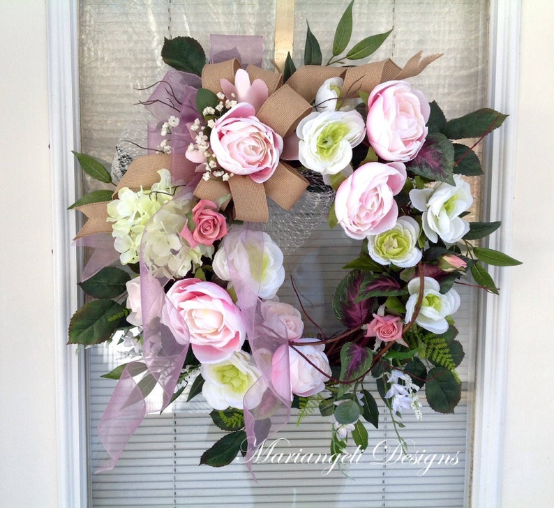 Large Pink Spring front door wreath, Mother's Day, Easter, wedding, cottage, shabby chic, breast cancer image 6