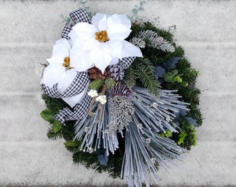 Unique Christmas poinsettia wreath, blue Christmas wreath, white winter farmhouse decor