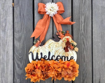 Fall Welcome front door hanger / pumpkin scarecrow autumn wreath / Halloween / Thanksgiving metal sign