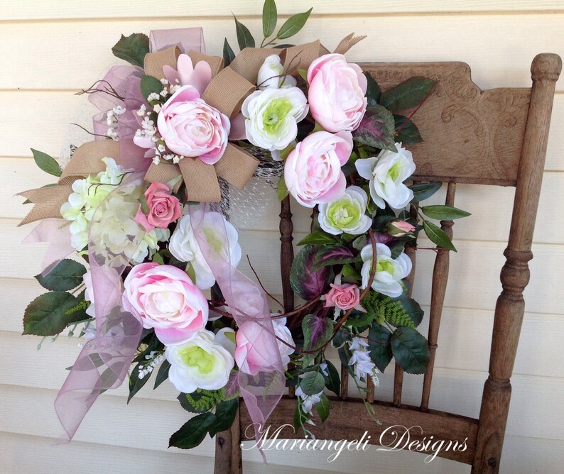 Large Pink Spring front door wreath, Mother's Day, Easter, wedding, cottage, shabby chic, breast cancer image 8