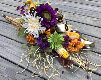 Cornucopia Thanksgiving centerpiece / fall flower table arrangement / purple sunflower / Halloween